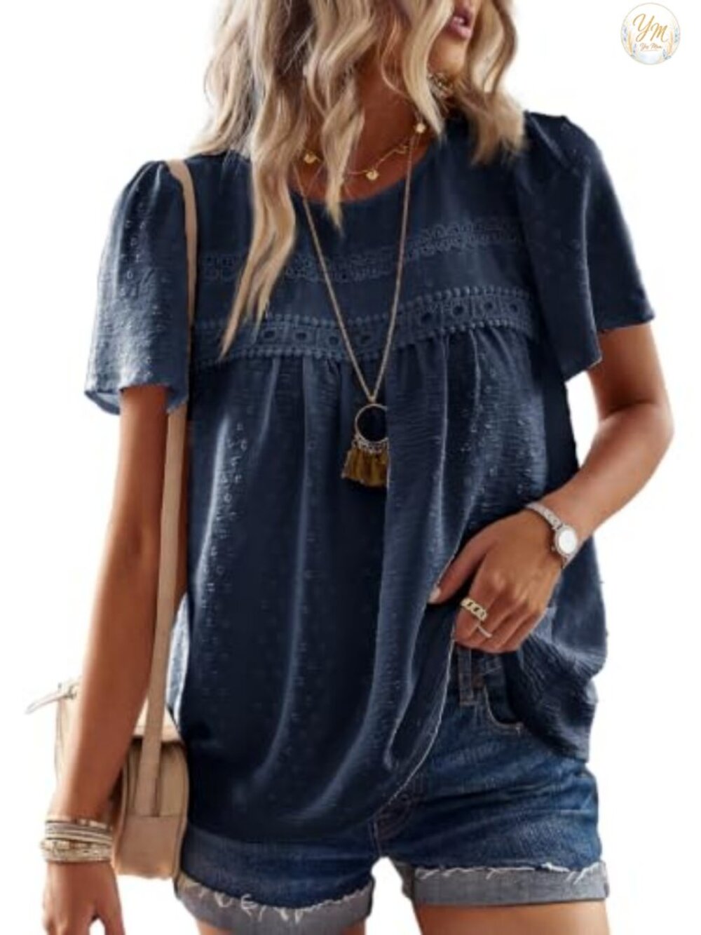 Womens Boho Crochet Lace Short Sleeve Top Crewneck Flowy Blouse
